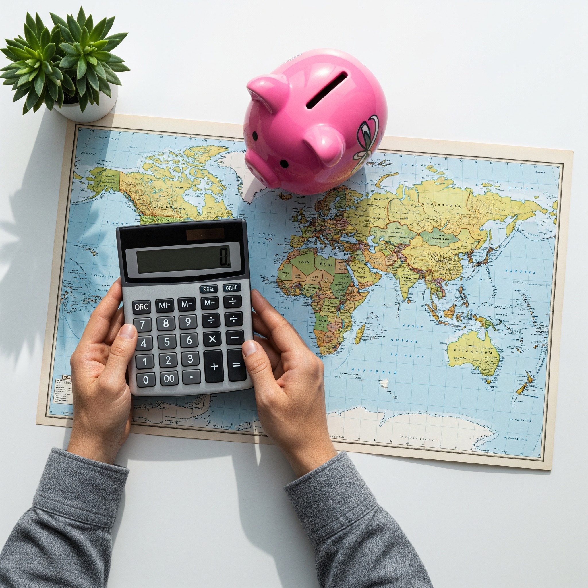 Une personne en train d'établir son budget voyage avec une carte et une calculatrice.