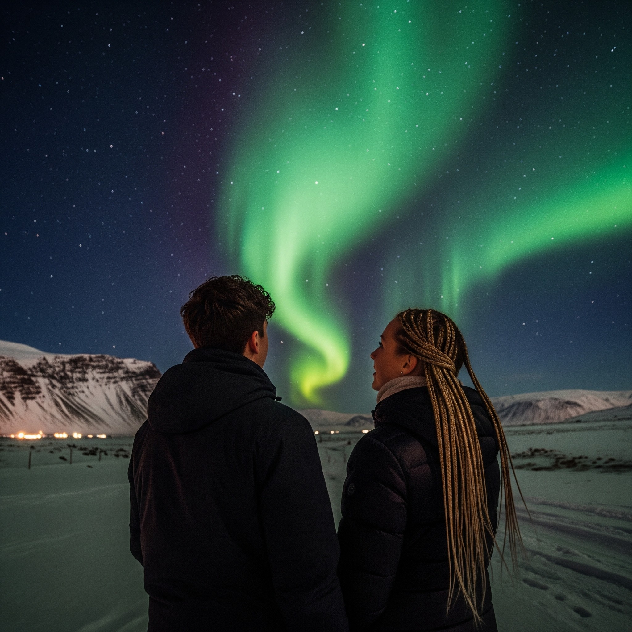 islande couple observant les aurores boréales en islande
