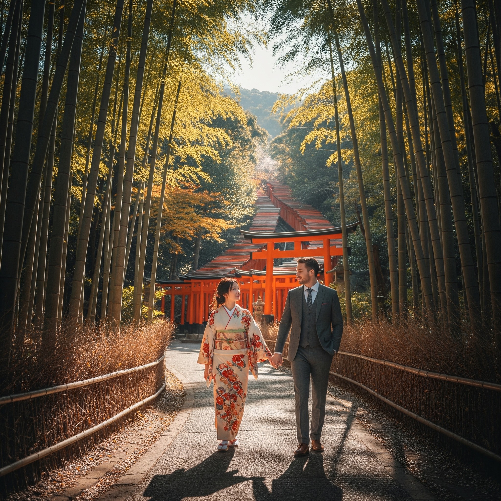 japon Couple se promenant dans une bambouseraie à Kyoto, Japon.