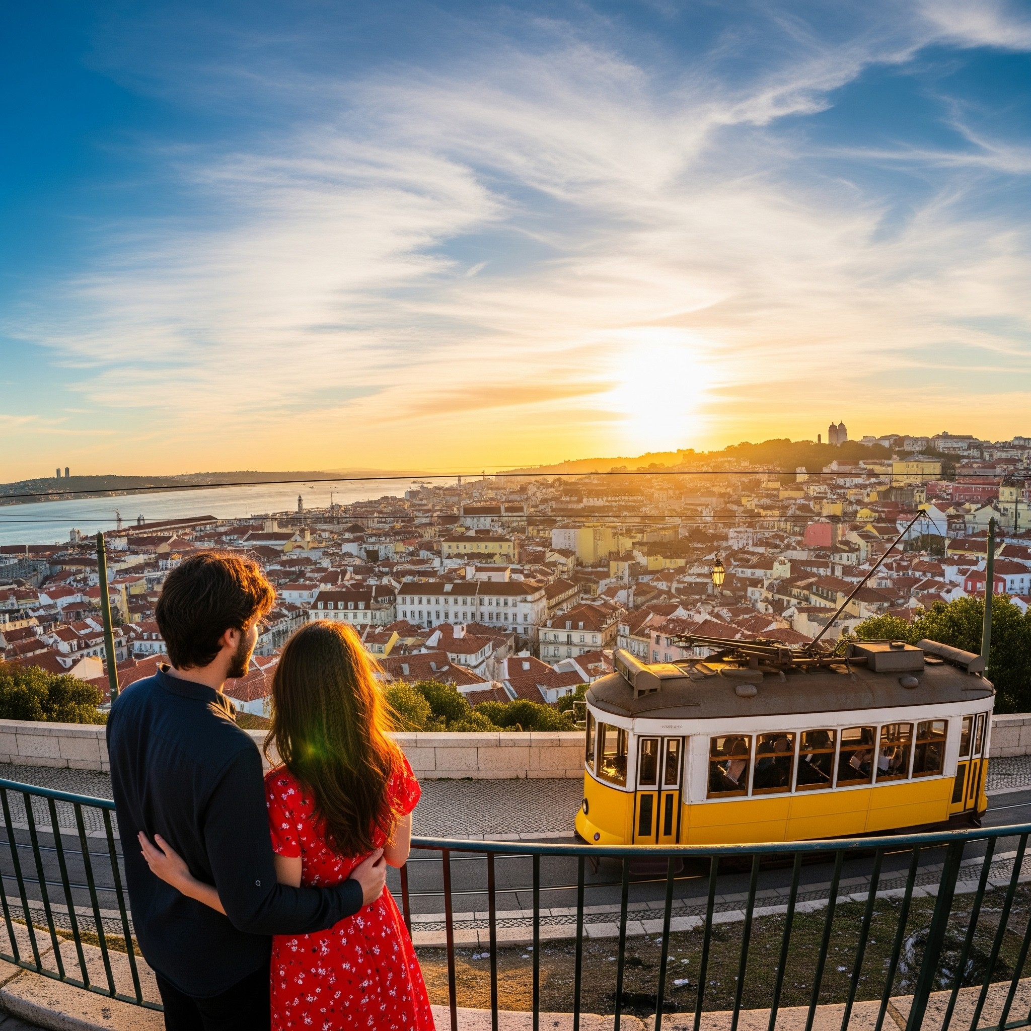 lisbonne Couple admirant le coucher de soleil sur Lisbonne depuis un miradouro.