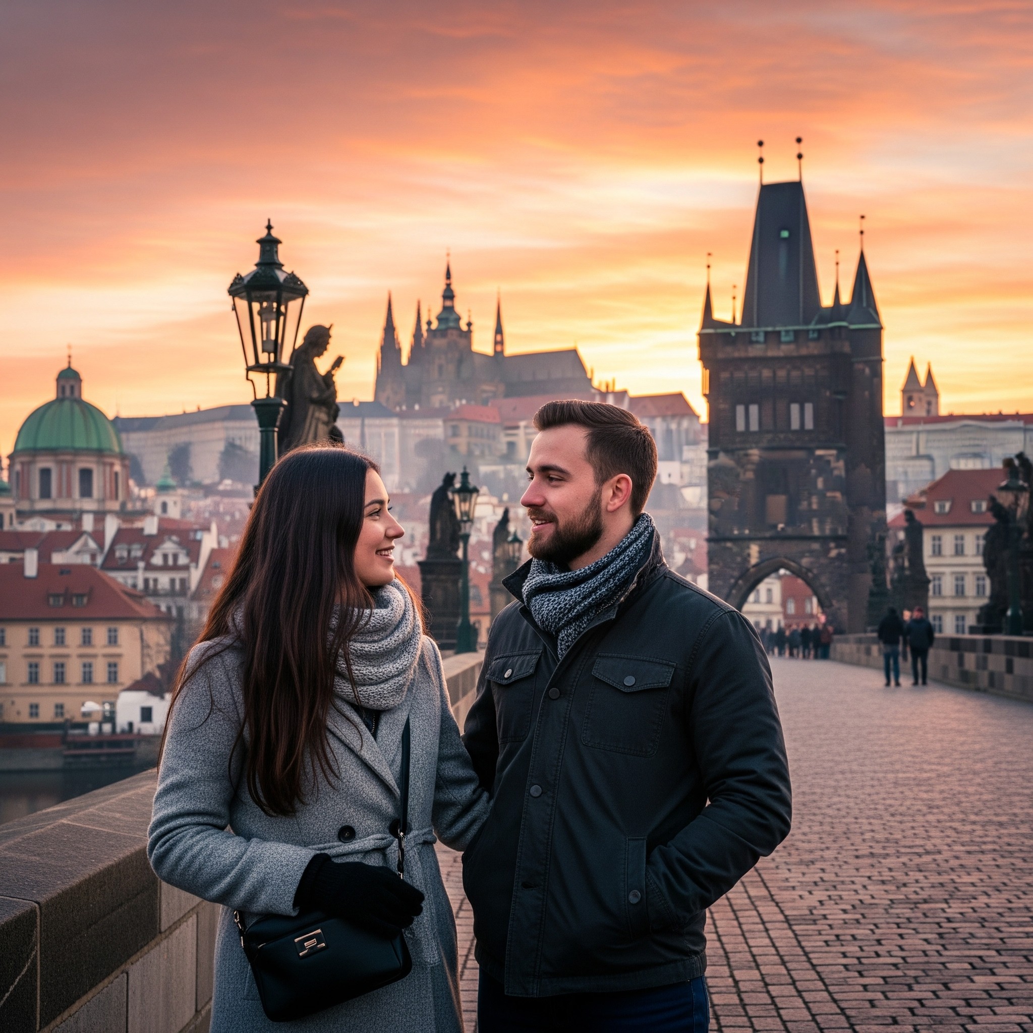prague Couple sur le Pont Charles à Prague au lever du soleil.